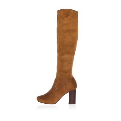 Tan faux suede heeled knee high boots